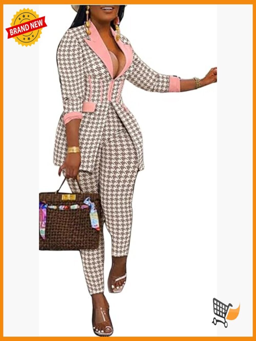 2-Piece Houndstooth Denim Print Jacket & Pants Set Long Sleeve Clubwear